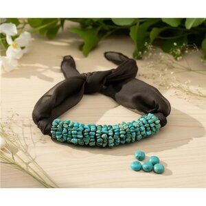 Chunky Turquoise Chip Cluster Bar Choker Necklace Brown Silk Tie Cord Adjustable